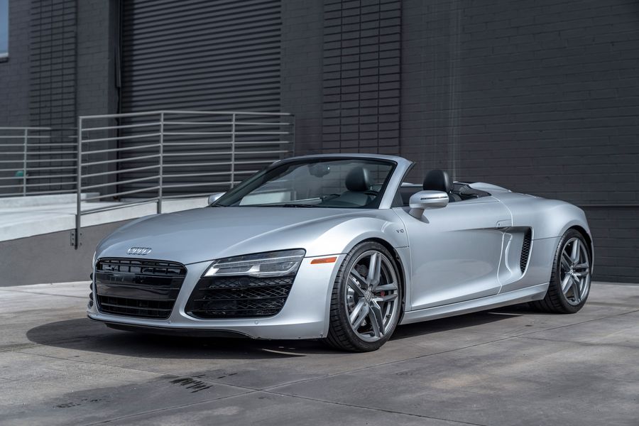 2014 Audi R8 V10 Spyder Quattro S Tronic in Ice Silver Metallic previously sold by Sandbox Motors