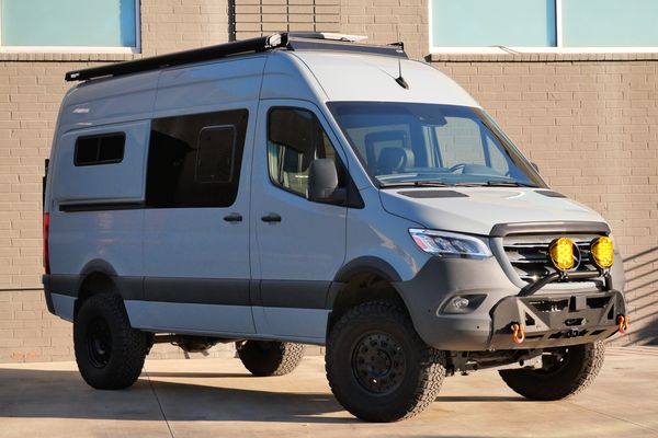 Silver 2022 Mercedes-Benz Sprinter 2500 4x4 custom camper conversion for sale by Sandbox Motors.