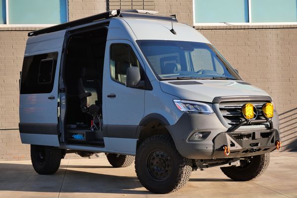 Silver 2022 Mercedes-Benz Sprinter 2500 4x4 custom camper conversion for sale by Sandbox Motors.