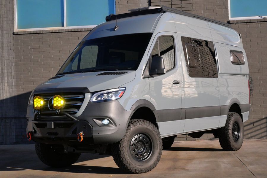 Silver 2022 Mercedes-Benz Sprinter 2500 4x4 custom camper conversion for sale by Sandbox Motors.